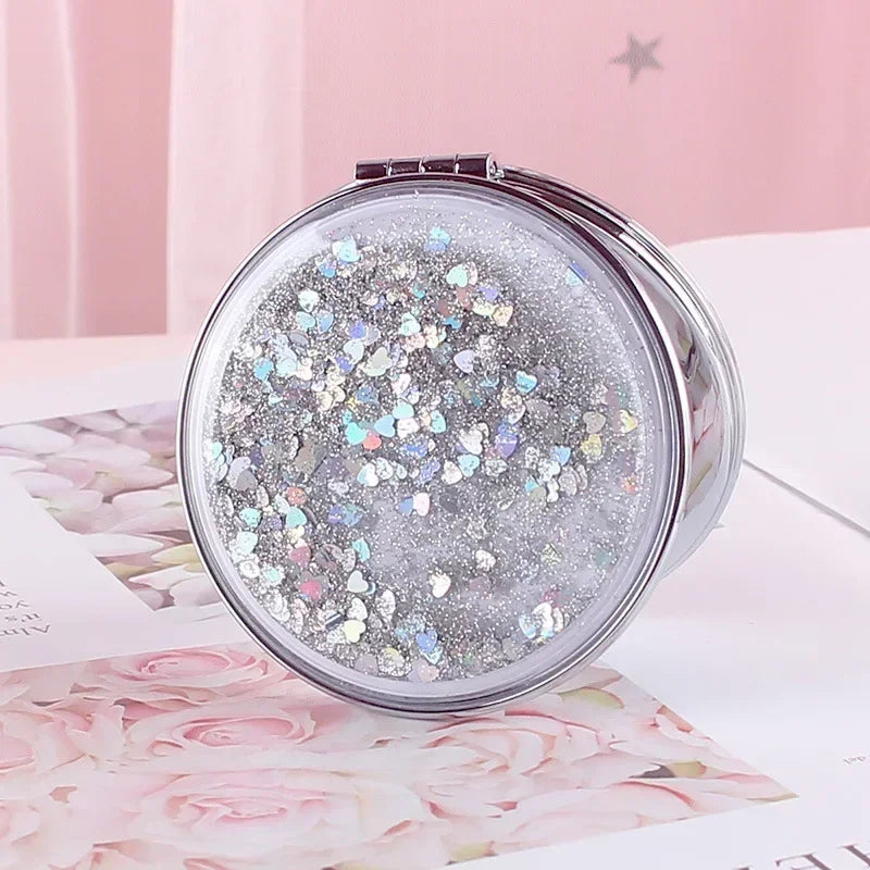 Portable Double-Sided Folding Cosmetic Mirror Female Gifts With Flowing Sparkling Sand Mini Makeup Mirror Compact Pocket Mirrors Peaceful Pleasures Health and Wellness Ivory