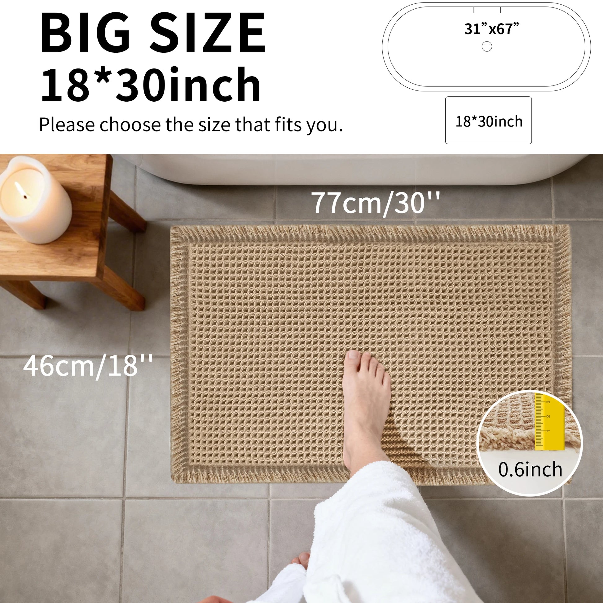 Super Absorbent Bath Mat with Non Slip Backing Waffle Textured Bathroom Rug for Shower Tub Quick-Dry Bath Mat Floor Protection Peaceful Pleasures Health and Wellness