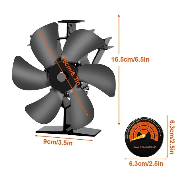 6-Blade Heat Powered Stove Fan for Wood Log Burner Fireplace Quiet Environmental Fan Heater Tool Efficient Heat Distribution Peaceful Pleasures Health and Wellness With Thermometer