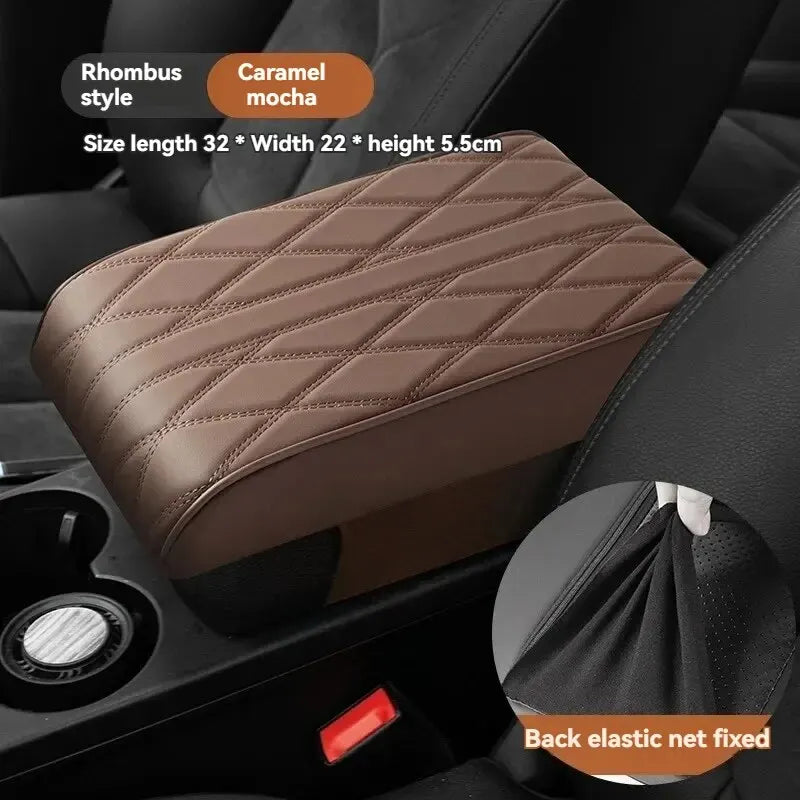 Wave Embroidery PU Leather Car Armrest Mat, Center Console Armrest Protection Cushion with Storage, Universal Auto Armrest PadWa Peaceful Pleasures Health and Wellness BROWN PU Four Seasons