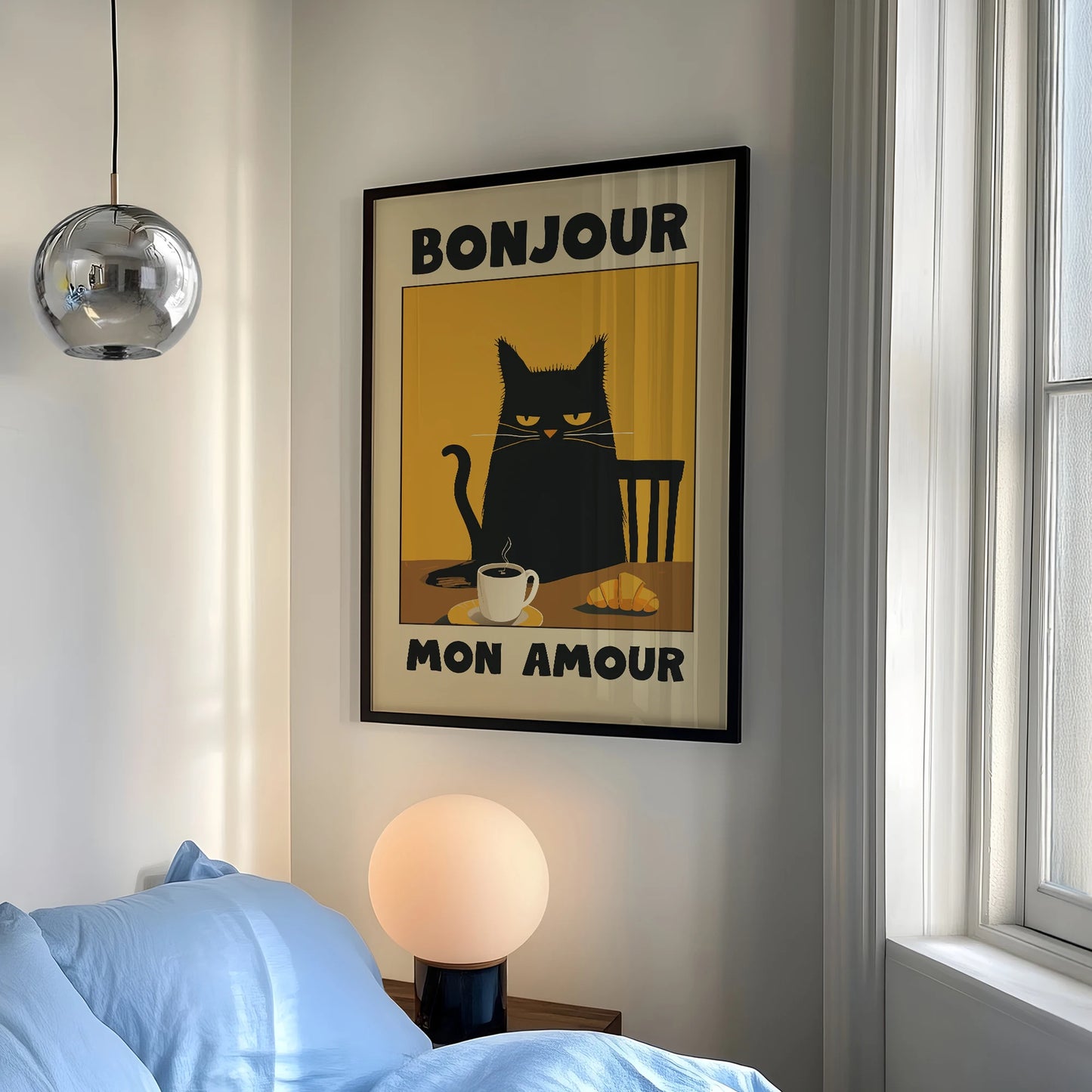 Black Cat Breakfast Vintage Canvas Wall Art | Warm Tones Print