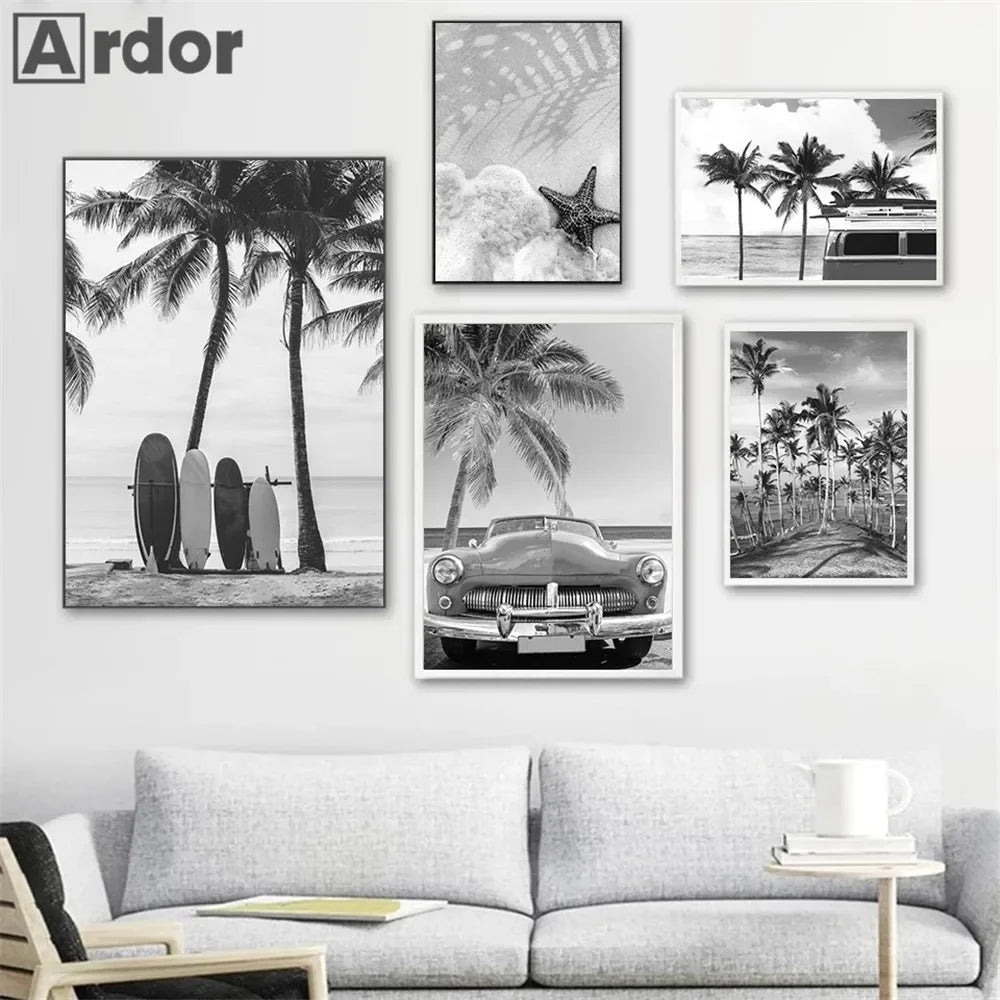 Black And White Starfish Beach Wall Posters Car Palm Tree Summer Landscape Art Print Canvas Painting Pictures Nordic Home Dec Peaceful Pleasures Health and Wellness