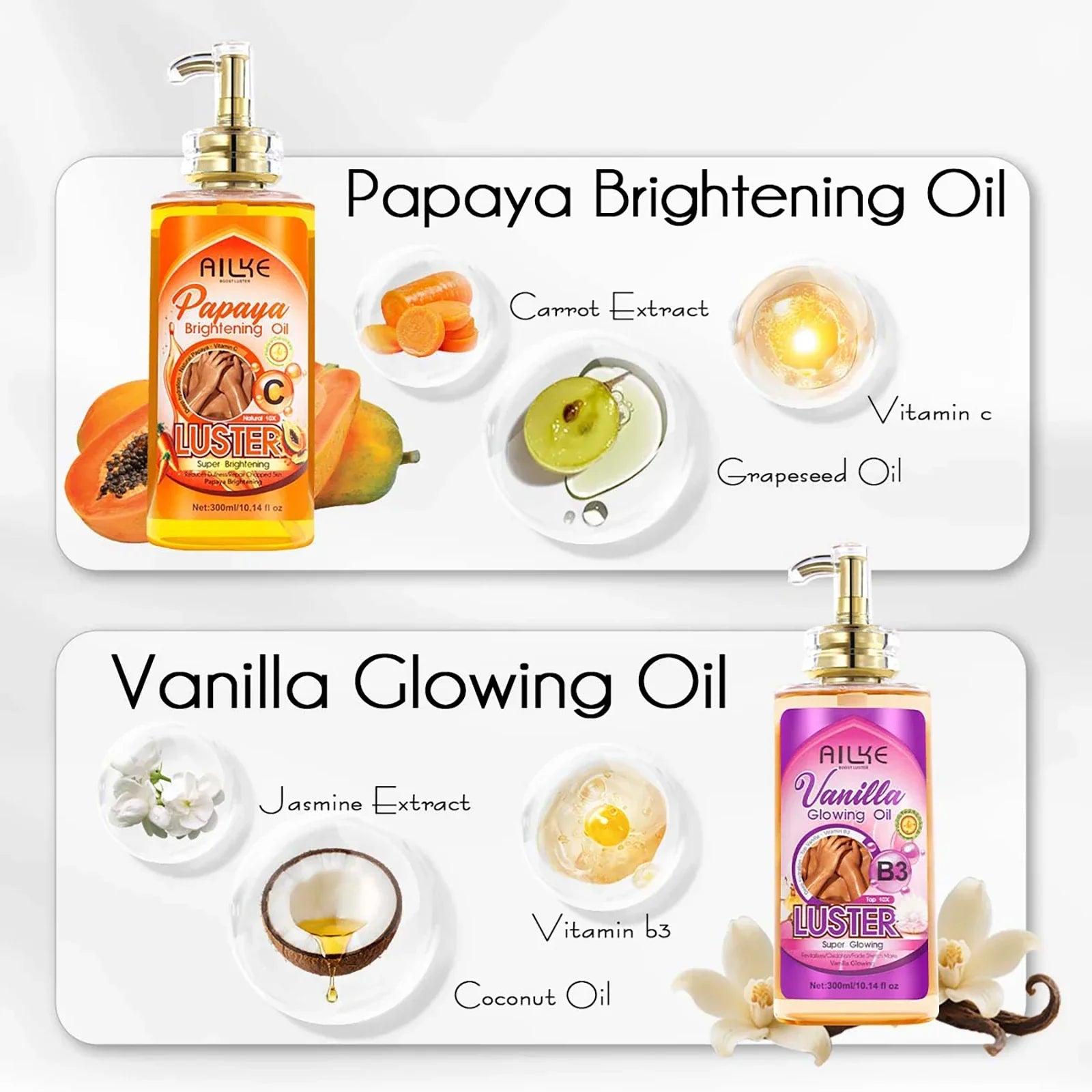 AILKE Skin Glowing Whitening Body Oil – All Skin Types 300ml Peaceful Pleasures Health and Wellness
