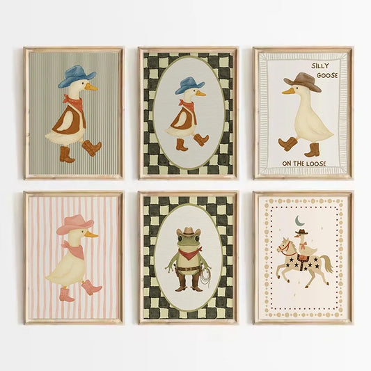 Vintage Cowboy Silly Goose Western Duck Frog Animals Cartoon Poster Canvas Painting Wall Art Pictures Home Bedroom Decor Peaceful Pleasures Health and Wellness