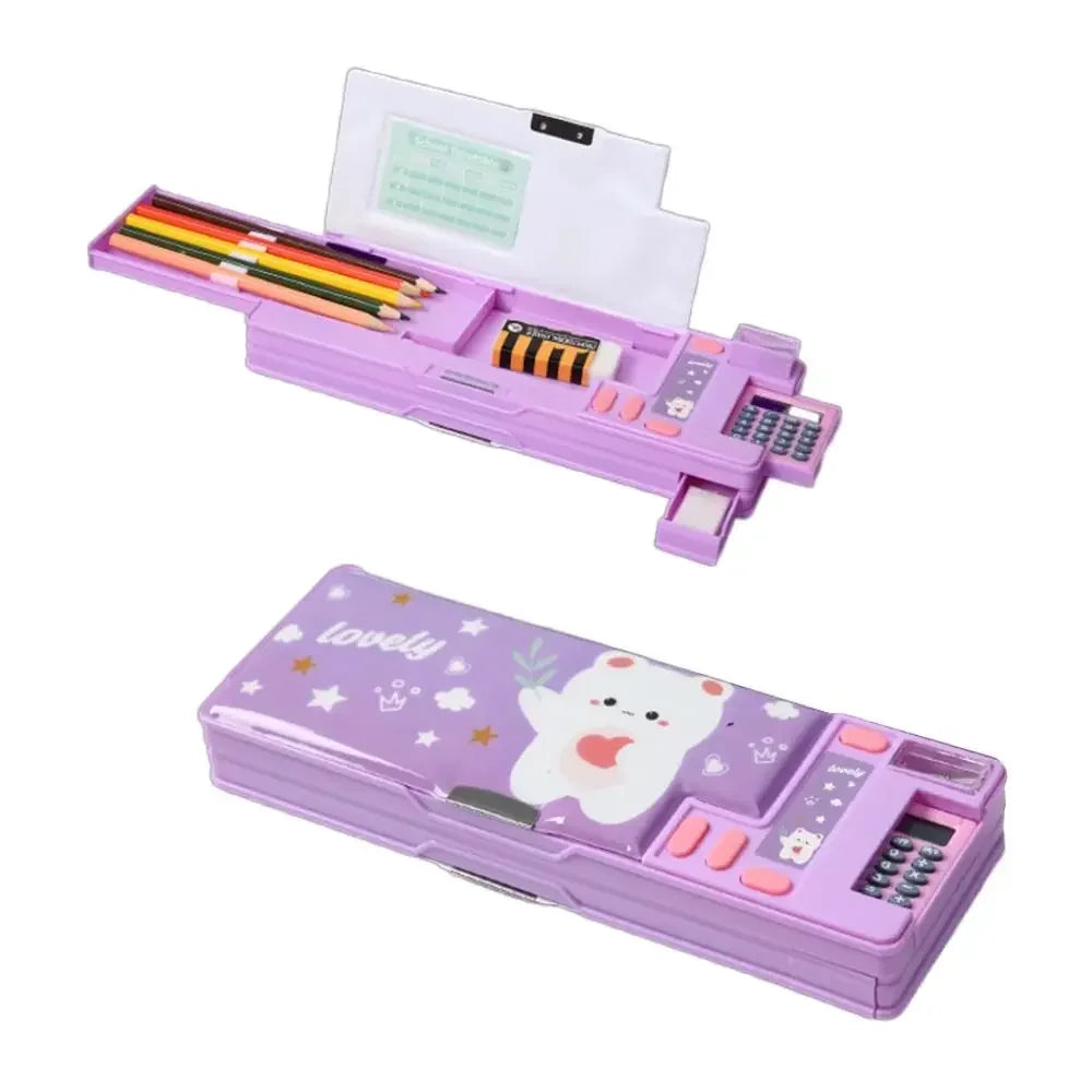 Double Layer Pencil Case Astronaut/Animal Design Pencil Sharpener Pencil Box Plastic With Calculator Stationery Organizer Peaceful Pleasures Health and Wellness Purple