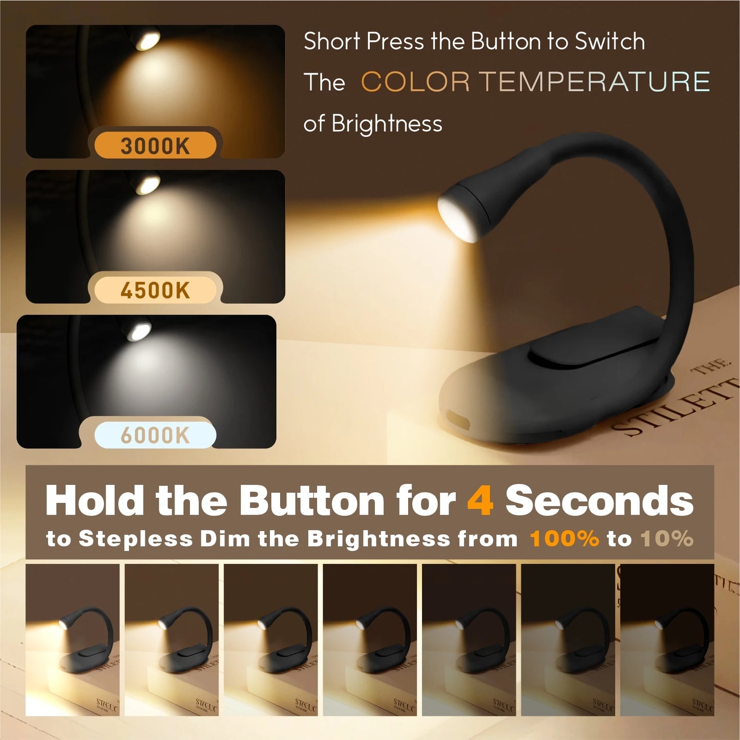 New Design LED Book Light Eye Protection 3 Color Adjustable Clip 360° Flip Study Lamp Rechargeable For Travel Bedroom Reading Peaceful Pleasures Health and Wellness