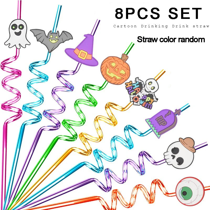 8pcs Halloween Straw Reusable Pumpkin Spiral Plastic Straw Kids Baby Birthday Party Decorations Supplies Drinking Straws Peaceful Pleasures Health and Wellness 8pcs randomly color