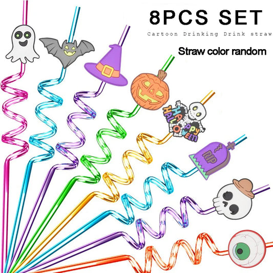 8pcs Halloween Straw Reusable Pumpkin Spiral Plastic Straw Kids Baby Birthday Party Decorations Supplies Drinking Straws Peaceful Pleasures Health and Wellness 8pcs randomly color