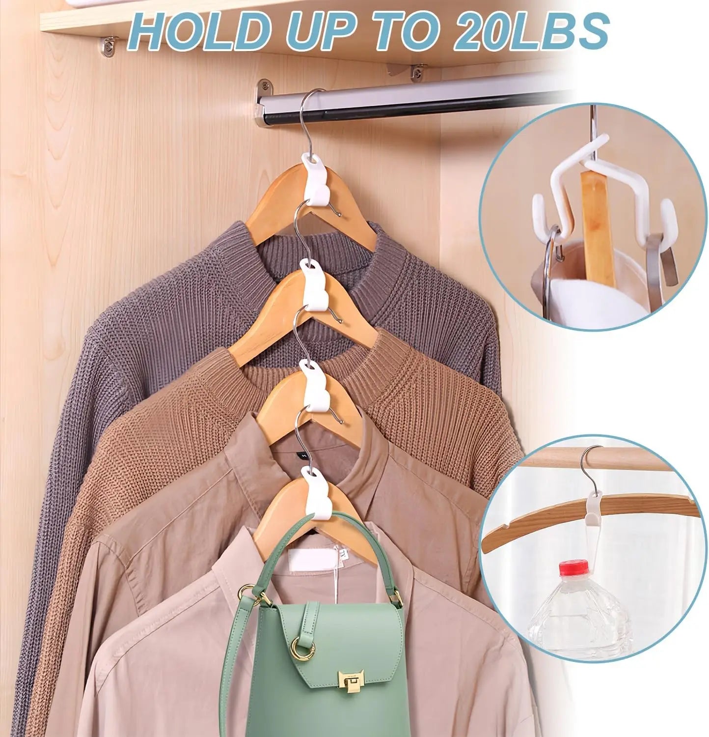 Hangers with clips holding up sweaters and a handbag on a wooden closet rod.