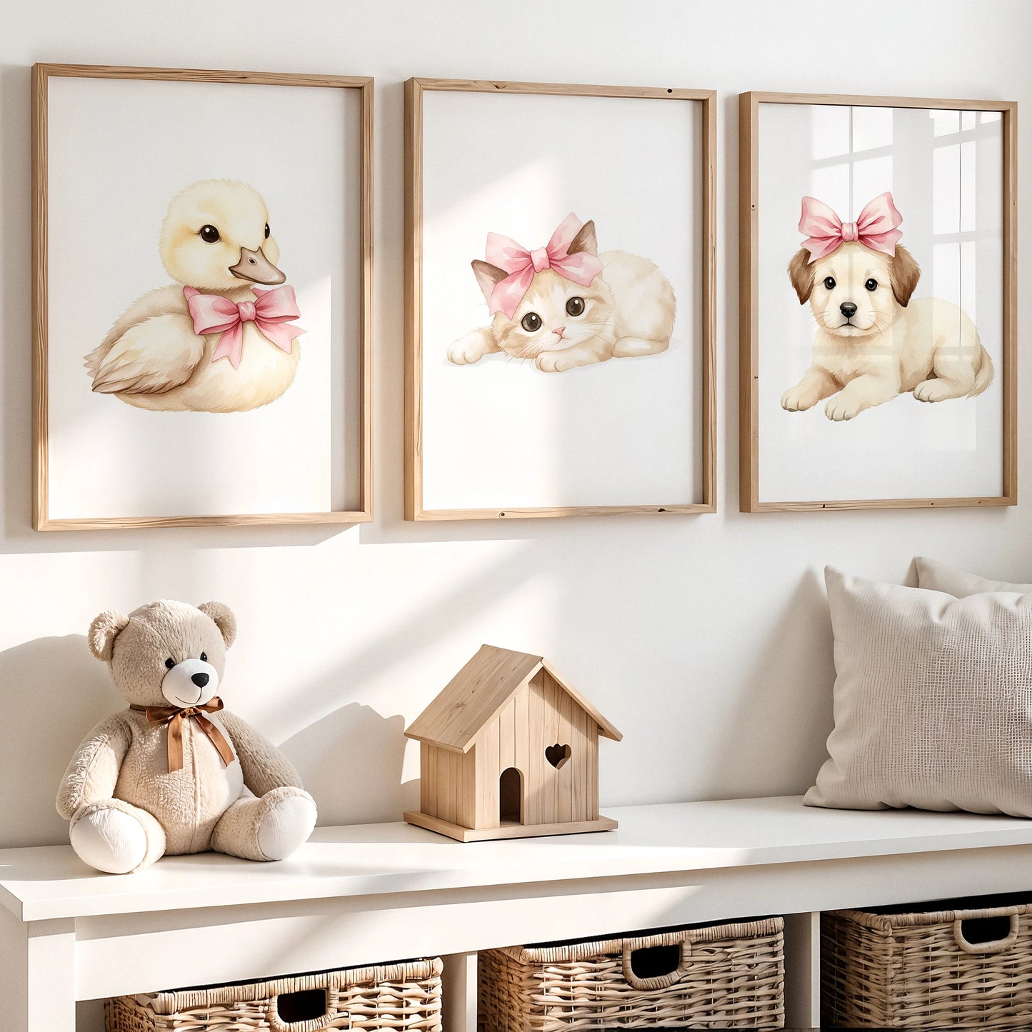 3-Piece Cartoon Animals Pink Bow Canvas Wall Art | Kids Decor