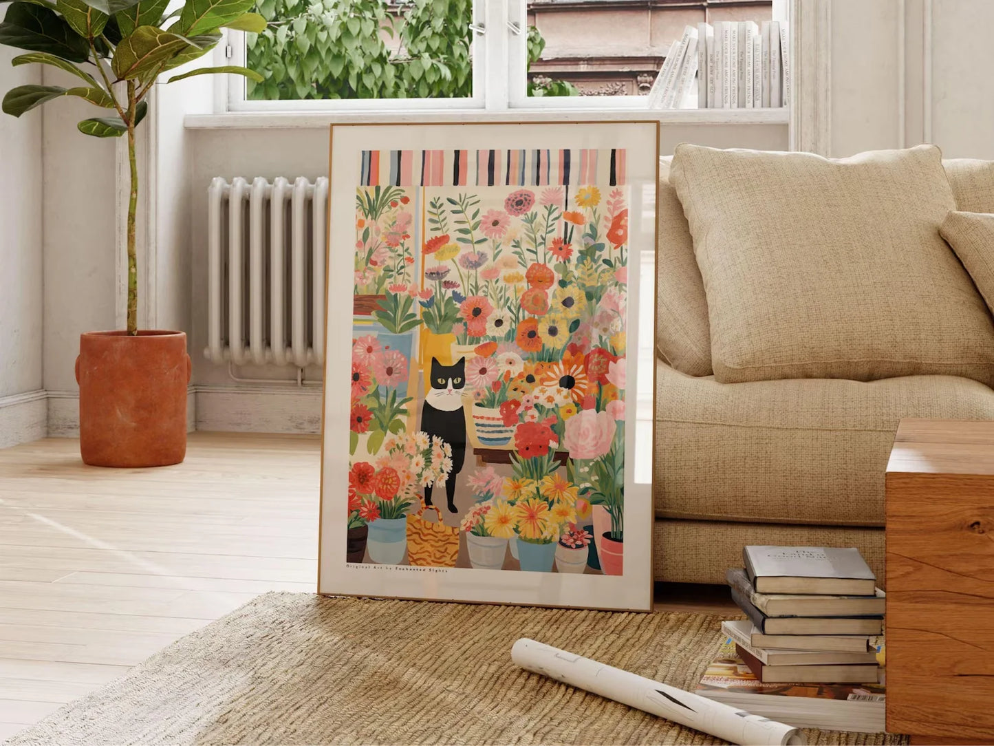 Black & White Cat Poster with Flowers | Floral Cat Wall Art