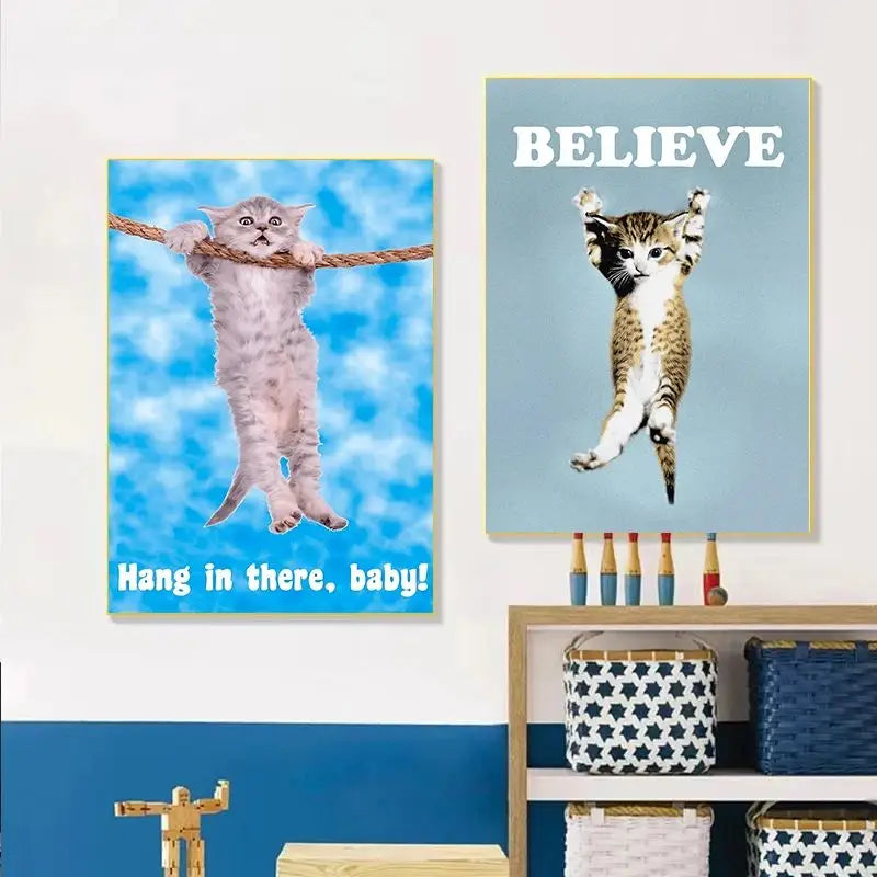 Cute Cat Yoga Canvas Wall Art | Hang In There Pet Poster