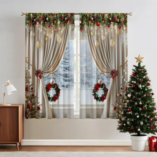 Christmas Tree Printed Curtains Set of 2 | Festive Home Decor Holiday Curtain Set Peaceful Pleasures Health and Wellness