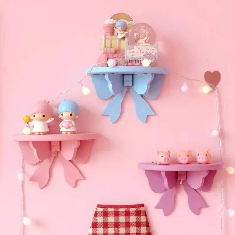 Pink Wooden Wall Shelf Bow Decor Frame Girls Room Storage Rack Home