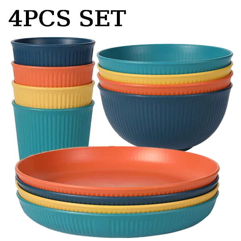 4pcs Wheat Straw Dinnerware Set Eco-friendly Safety Plates Cups Bowels Home Party Tableware Set Outdoor Camp Candy Colour Gift Peaceful Pleasures Health and Wellness