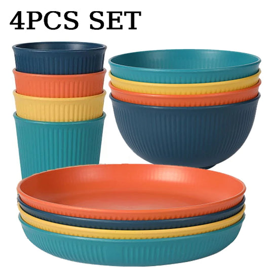 4pcs Wheat Straw Dinnerware Set Eco-friendly Safety Plates Cups Bowels Home Party Tableware Set Outdoor Camp Candy Colour Gift Peaceful Pleasures Health and Wellness