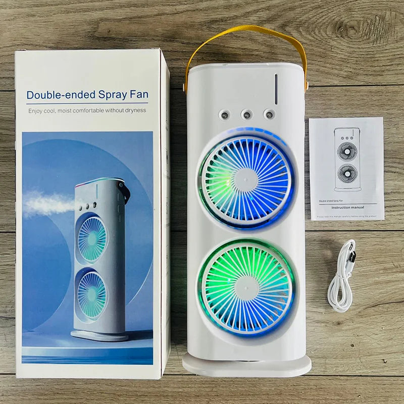 3 in 1 Double Head Spray Mist Fan Portable Air Conditioners USB Cable Electric Fan LED Light Water Mist Fan Air Humidifier Peaceful Pleasures Health and Wellness