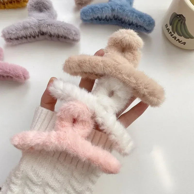 Fluffy Faux Fur Big Crab Hair Claw Clips for Women & Girls