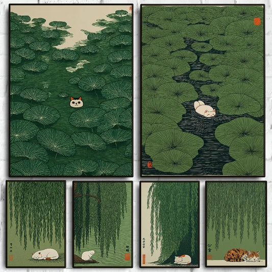 Japanese Cat & Willow Lily Pond Canvas Wall Art Print Canvas Wall Art Peaceful Pleasures Health and Wellness