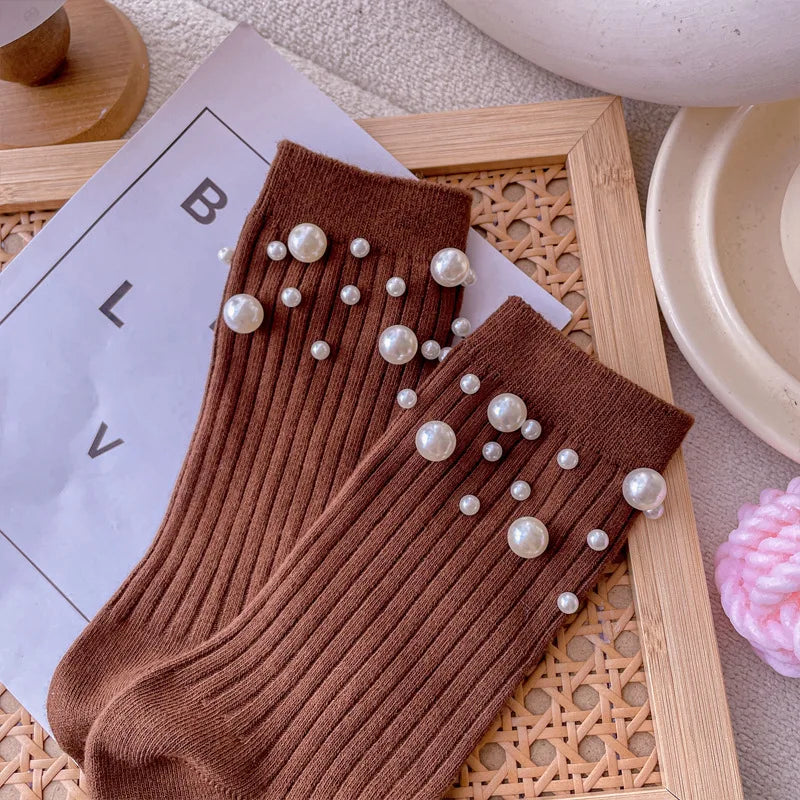 1 Pair of Women's Fashionable Pearl Decorative Socks, Cute Princess Style Mid Calf Korean Style Socks, Clothing Accessories Peaceful Pleasures Health and Wellness Ginger One Size