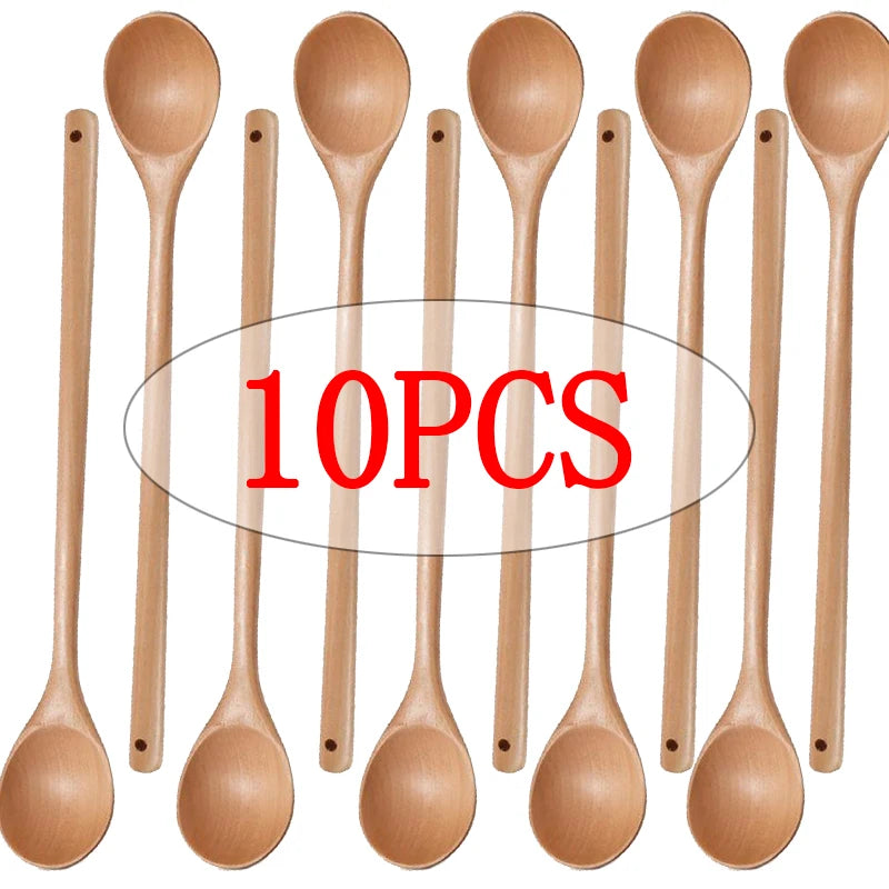 Long Wooden Stirring Spoon Set | 13-Inch Natural Wood Cooking Spoons – 5-Pack or 10-Pack