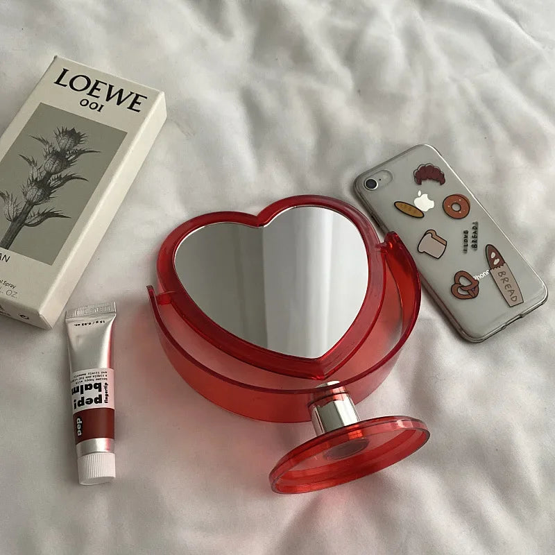 2‌pcs Heart-Shaped Acrylic Makeup Mirror - Double Sided Vanity Mirror with Transparent Base for Bedroom/Desk Peaceful Pleasures Health and Wellness Red