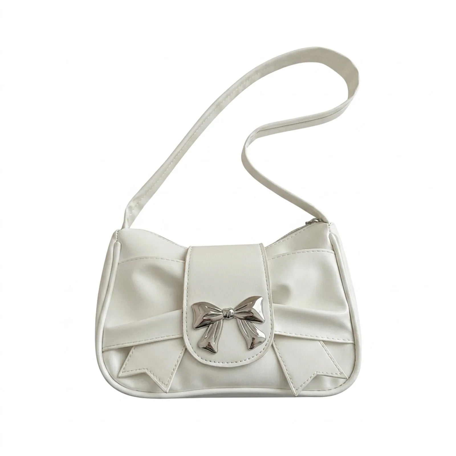 French Bow-Accent Shoulder Bag For Women PU Leather Crossbody Handbag With Elegant Design Peaceful Pleasures Health and Wellness WHITE