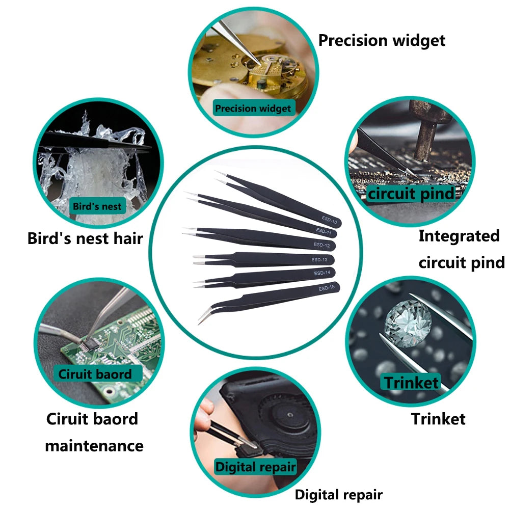 6pcs Precision Tweezers Set ESD Anti-Static Stainless Steel Tweezers Repair Tools for Electronics Repair Soldering Craft Tools Peaceful Pleasures Health and Wellness