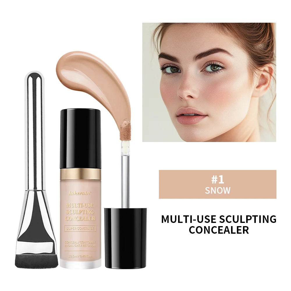 Full Coverage Concealer With Free Brush Matte Foundation Oil Control Long Lasting Face Makeup Multi-Use Highlight Retouch Cream Peaceful Pleasures Health and Wellness 1SNOW Free Brush