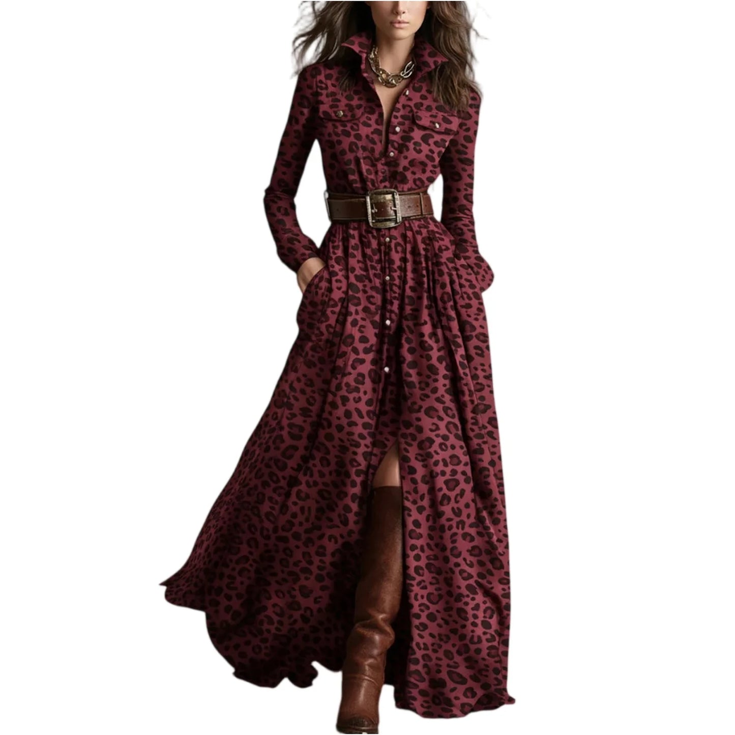 Retro Plaid Maxi Shirt Dress – Long Sleeve, Belt & Pockets
