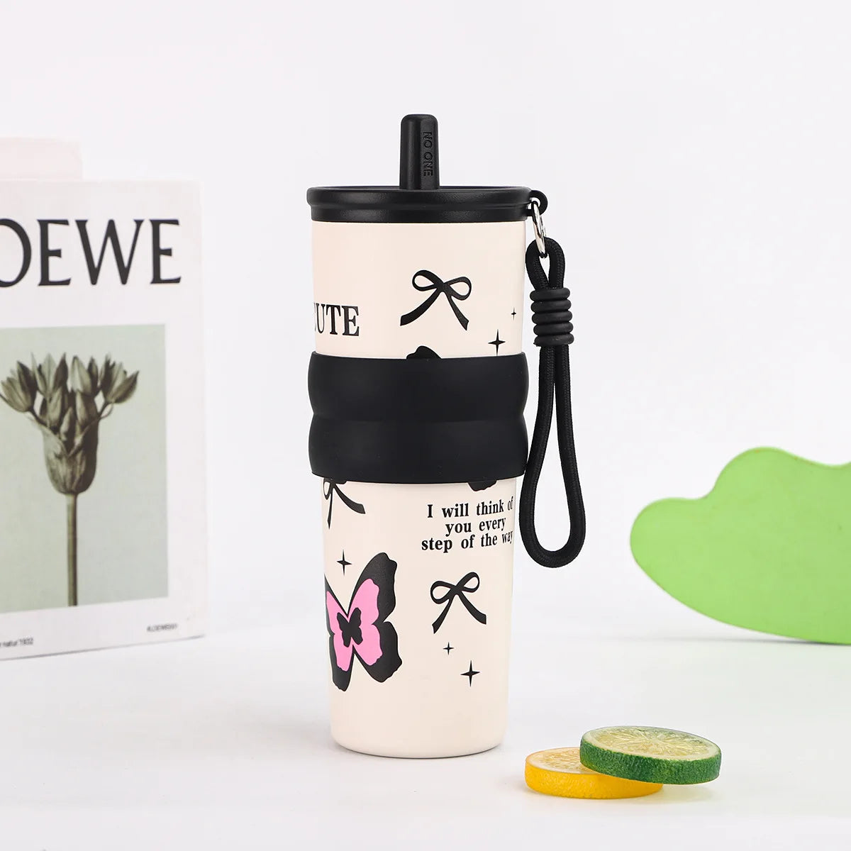2026 Hot 710ML Printed Bow Vacuum Cup Insulation Or Cooling Stainless Steel Cup With Lifting Rope High-Capacity Insulated Cup Peaceful Pleasures Health and Wellness 710ml Black