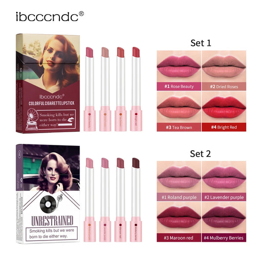 4PCS/Set Matte Long Lasting Waterproof Creative Cigarette Lipstick Set Matt Lip Stick Tube Nude Red Velvet Lip Tint Makeup Peaceful Pleasures Health and Wellness