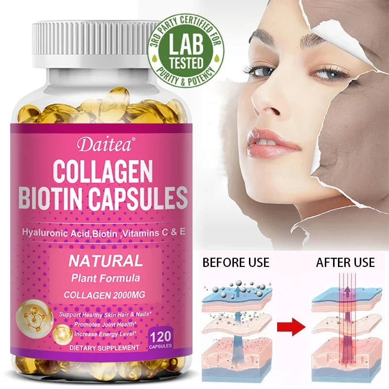 Collagen Biotin Supplement - Hyaluronic Acid Biotin Vitamin C E - Hair Skin Nails Joint Support and Energy Boost Vegan Capsules Peaceful Pleasures Health and Wellness