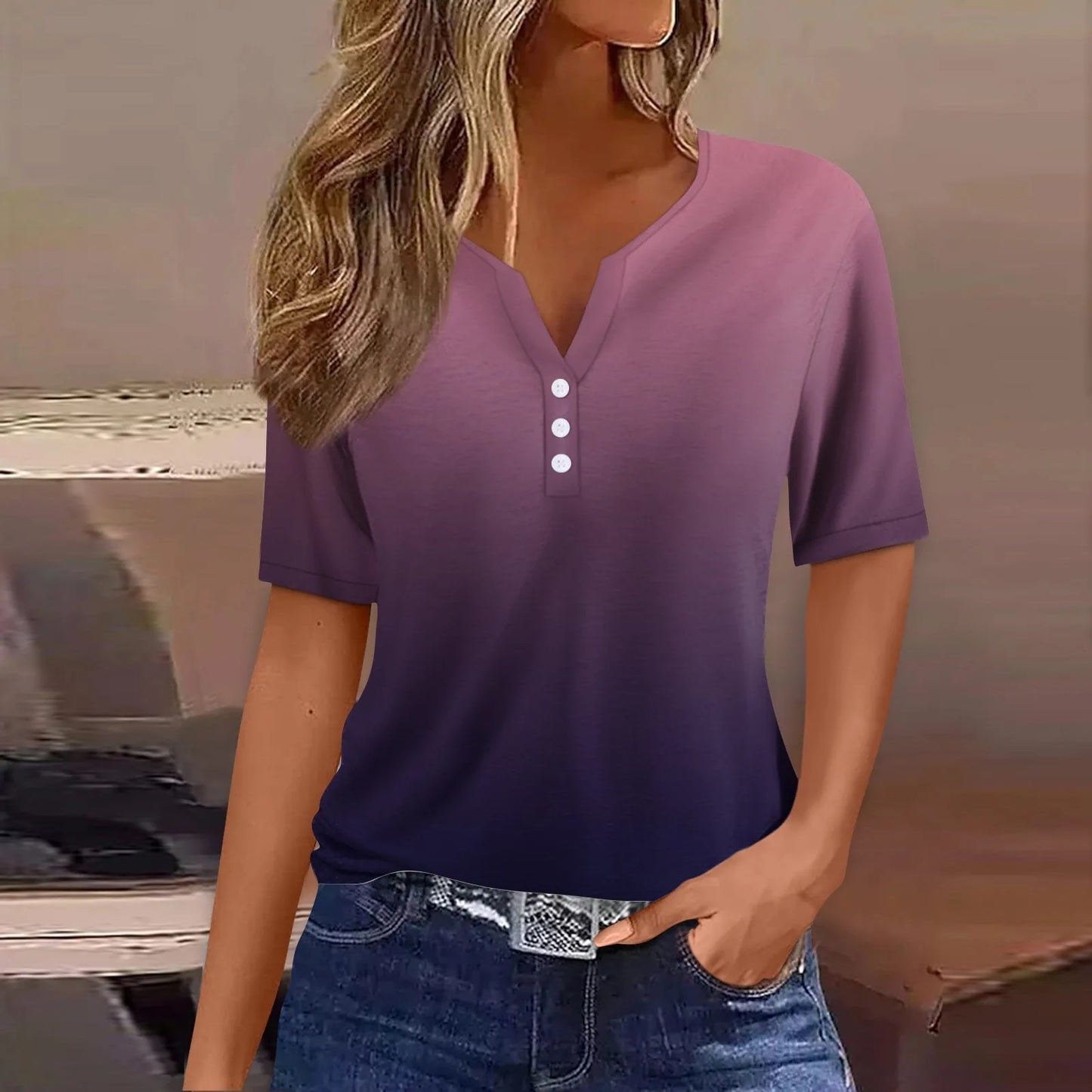 Women Summer Trendy Simple Casual Fashion Button T Shirt V Neck Short Sleeve Solid Loose Pullover Tops Plus Size Ropa De Mujer Peaceful Pleasures Health and Wellness Dark Purple S