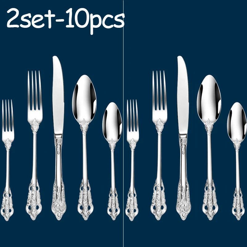 Stainless Steel Dinnerware Sets High-grade Knife Fork And Spoons Cutlery Kits Gold Plated Floral Pattern Tableware Dropship Peaceful Pleasures Health and Wellness 2set silver