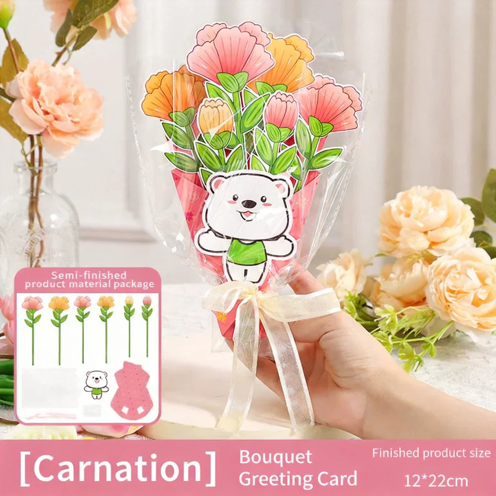 3D DIY Flower Bouquet Greeting Card Paper Craft Kit with Ribbon