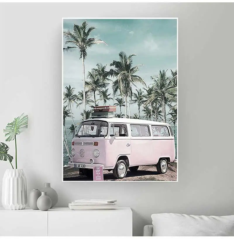 Scandinavian Ocean Beach Pink Bus Canvas Wall Art | Nordic Print