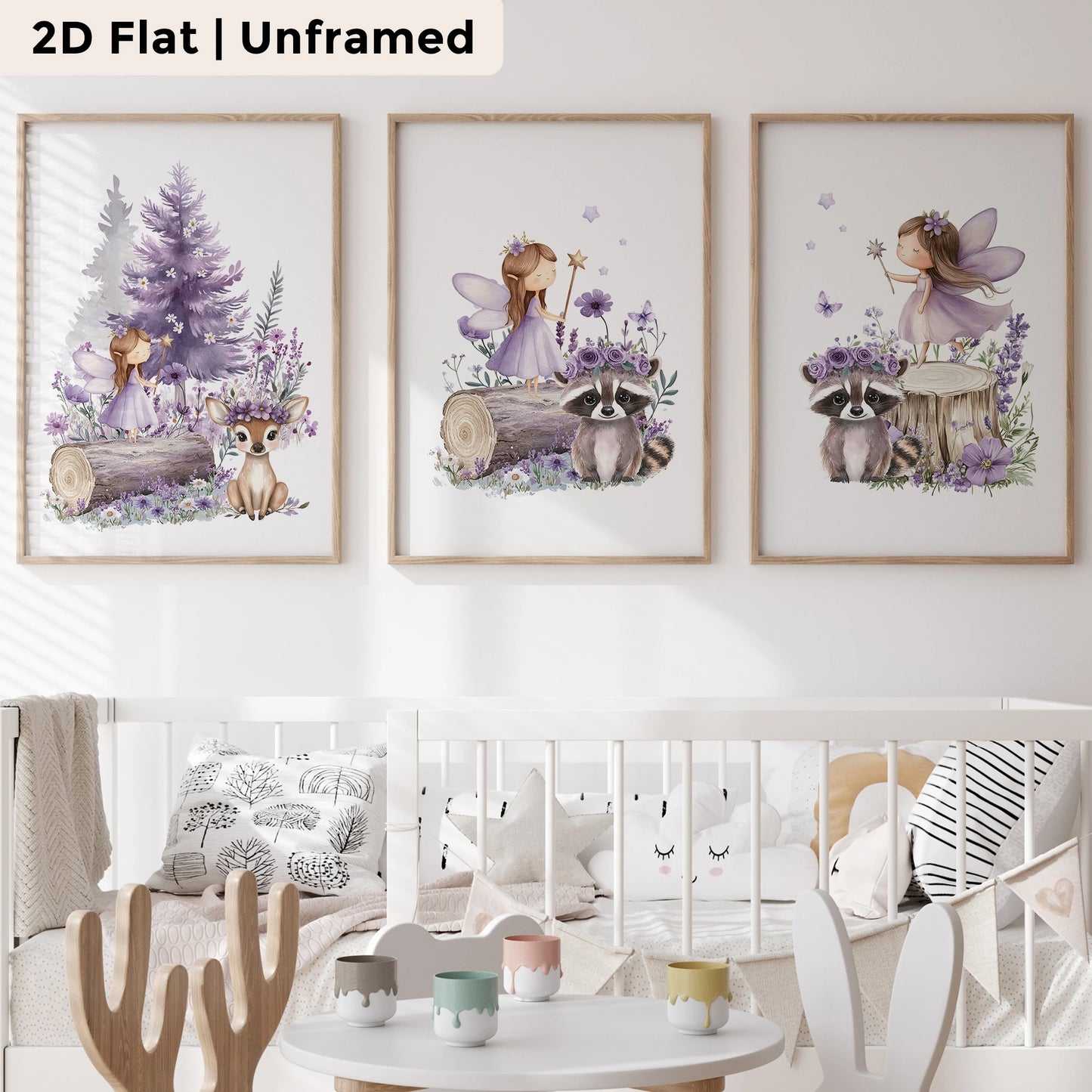 3-Piece Cartoon Purple Raccoon Canvas Wall Art | Kids Room Decor