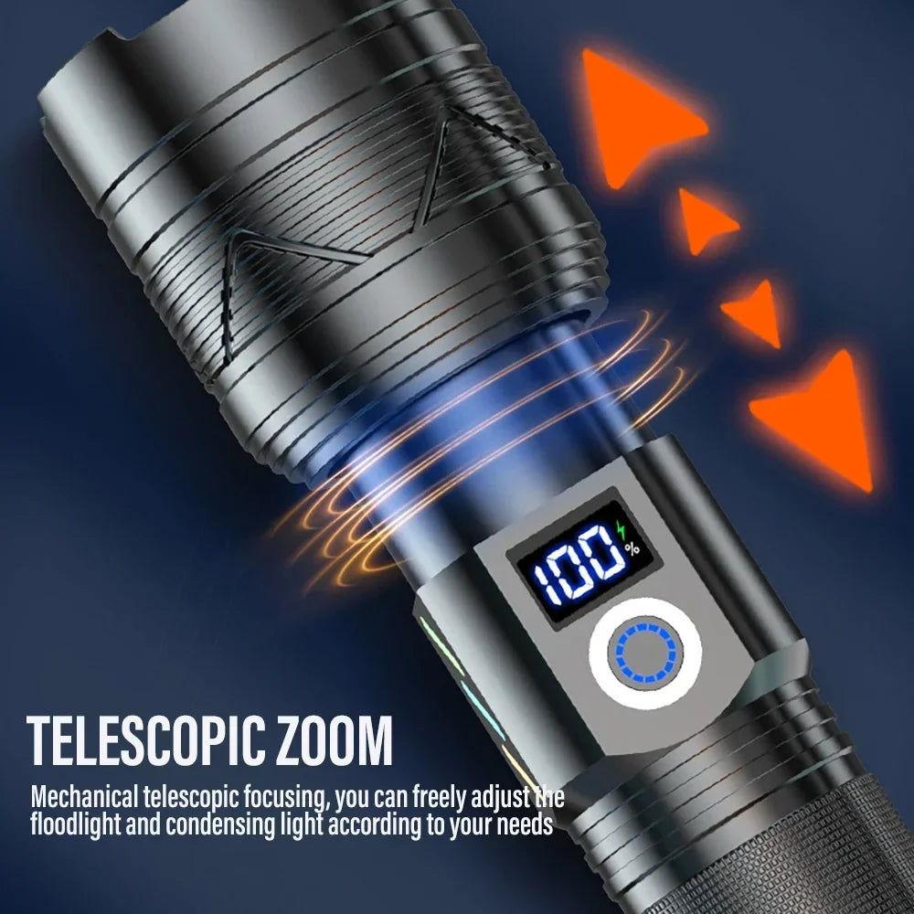Super Bright LED Flashlight | Zoom, USB-C, Power Bank, Display