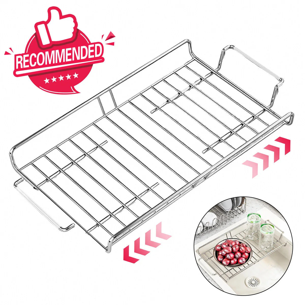 Expandable Dish Drying Rack Over The Sink, Stainless Steel Plate Holder for Kitchen, Space Saving Modern Silver Hanging Drainer Peaceful Pleasures Health and Wellness