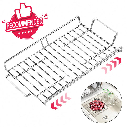 Expandable Dish Drying Rack Over The Sink, Stainless Steel Plate Holder for Kitchen, Space Saving Modern Silver Hanging Drainer Peaceful Pleasures Health and Wellness