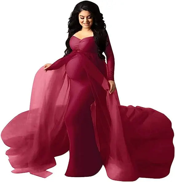 Deep V-Neck Lace Feather Maternity Gown | Photo Shoot Dress