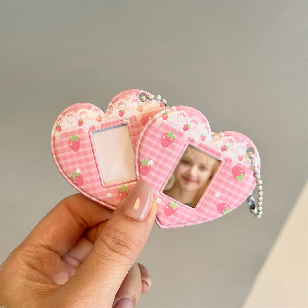 Pink Grid Strawberry Love Card Holder 1-inch ID Photo Bag Pendant