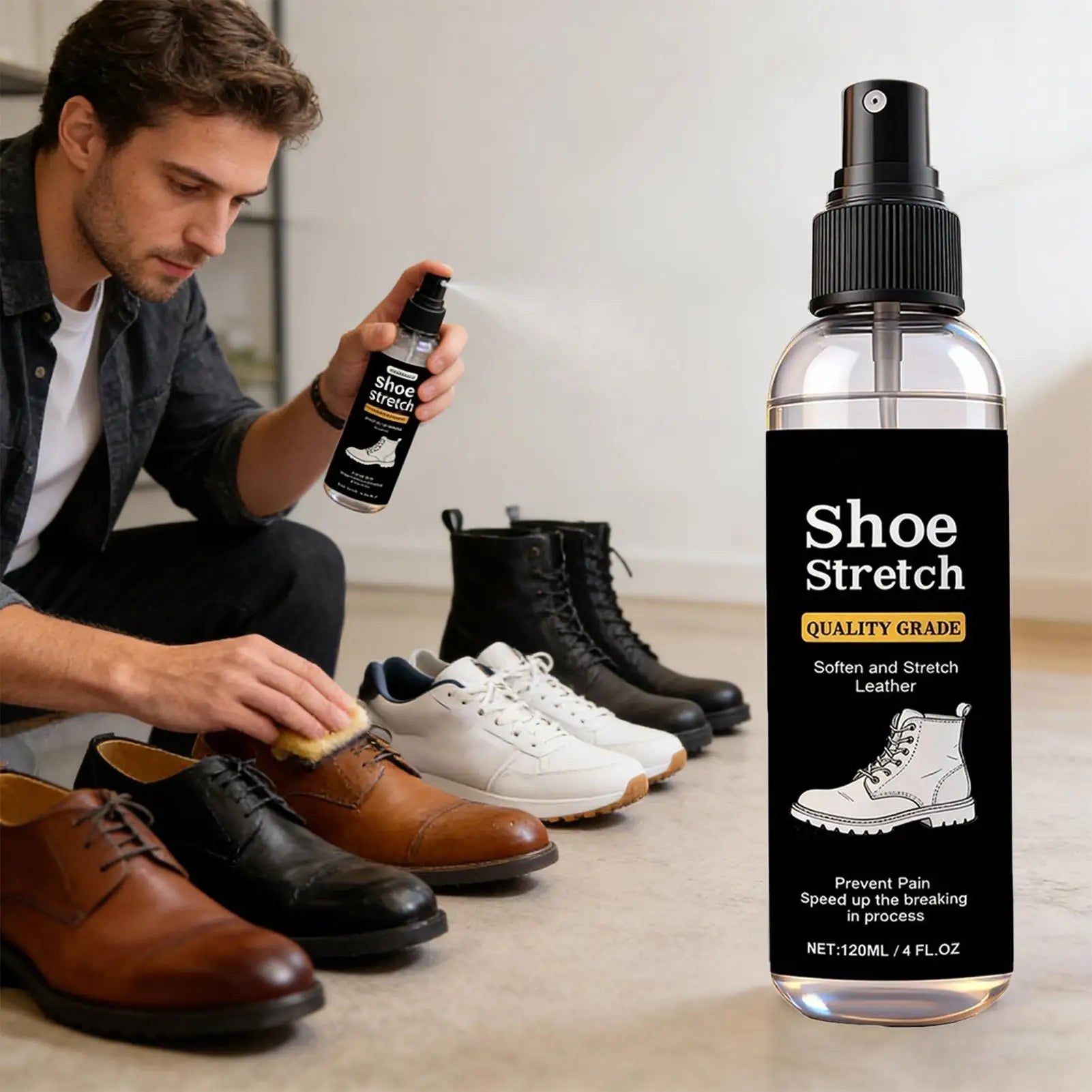 120ml Shoe Stretcher Spray Softening Stretching Liquid Professional Boot Stretcher Spray Leather Shoe Cleaning Gloss Care Spray Peaceful Pleasures Health and Wellness
