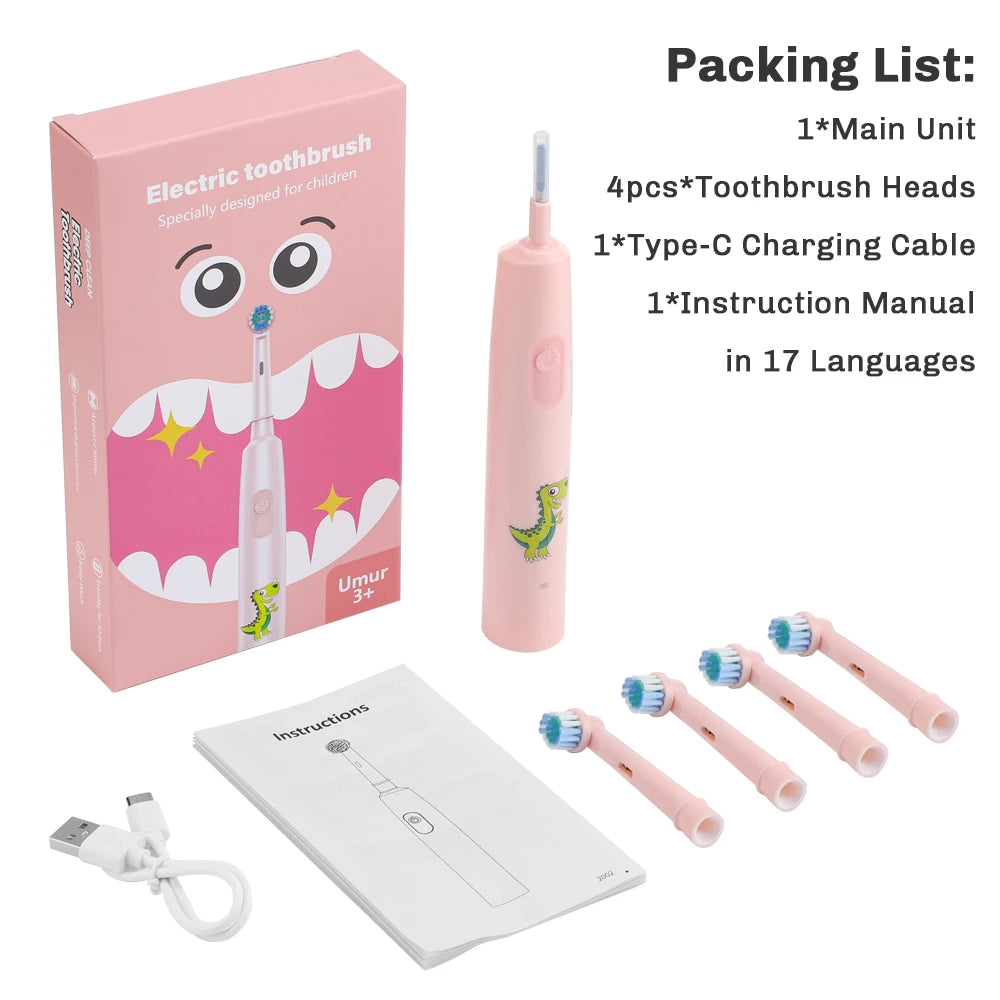 Rechargeable Smart Toothbrush for Children Cleaning Whitening & Massage 3 Modes IP67 Electric Cartoon Toothbrush 2-Min Timer Peaceful Pleasures Health and Wellness Pink