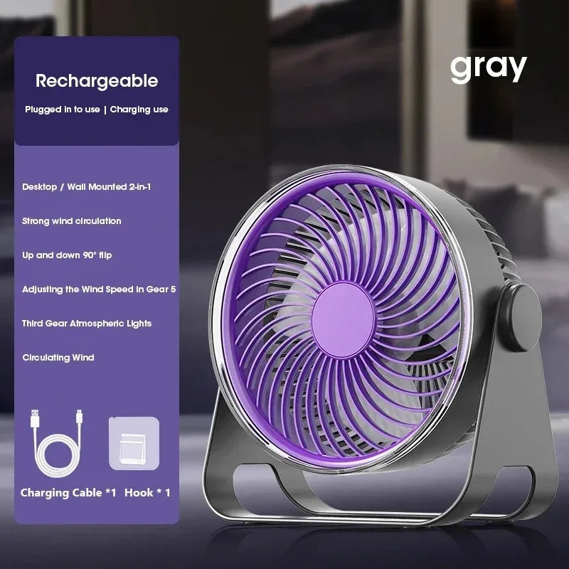 5-Speed Quiet 3-in-1 Electric Desk Fan Wall Ceiling Mount Air Circulator for Home Office Bedroom Cooling Peaceful Pleasures Health and Wellness Rechargeable-Gray