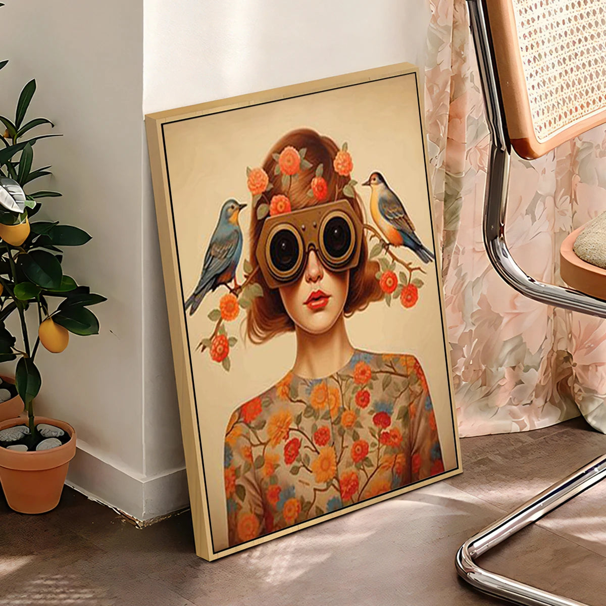 Nordic Scandinavian Style Glasses Woman with Flowers Birds Wall Art Canvas Painting Portrait Poster Prints for Modern Home Decor Peaceful Pleasures Health and Wellness