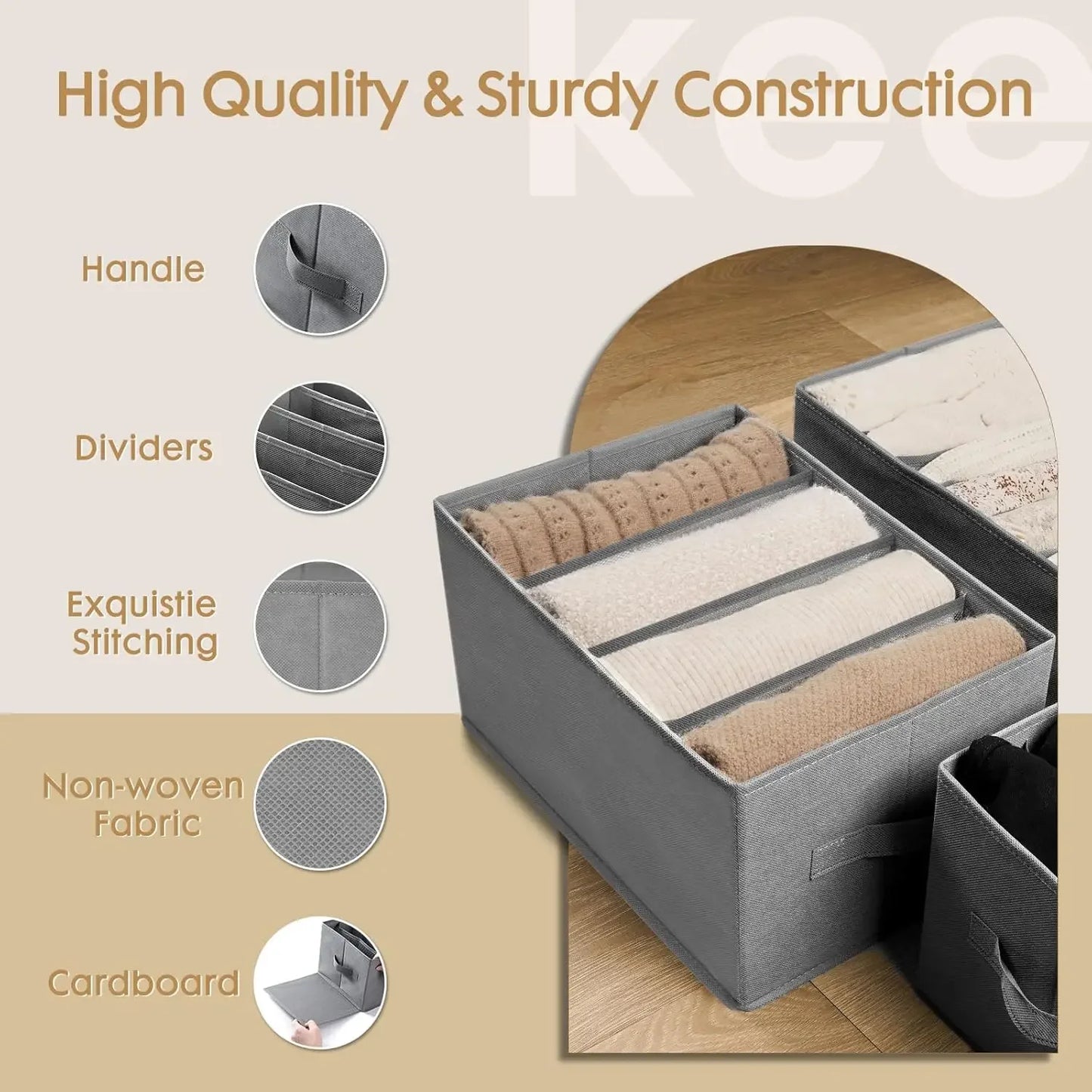 6-Pack Large Foldable Closet Organizer with 33 Grids, Handles for Clothing Storage - Grey Peaceful Pleasures Health and Wellness
