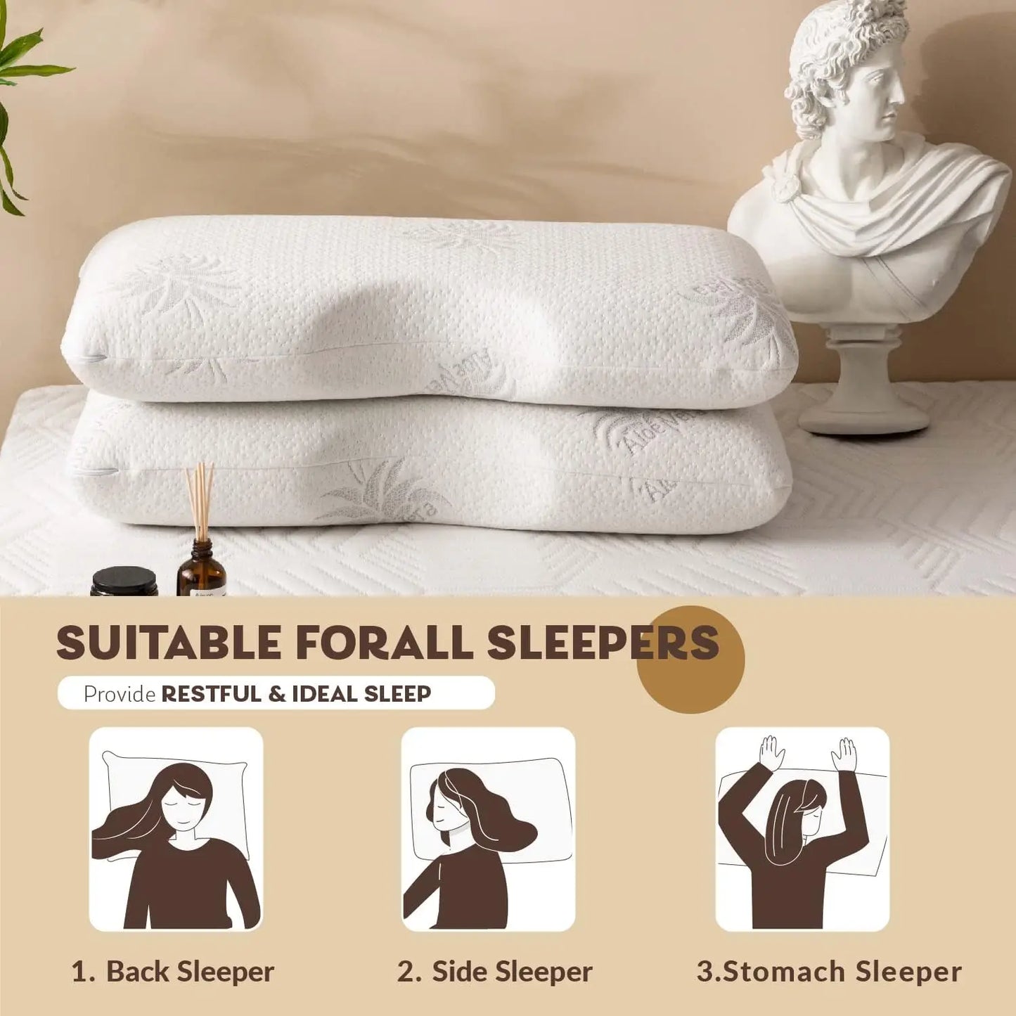 Two white pillows stacked on a bed with a decorative bust in the background, labeled 'Suitable for all sleepers'.