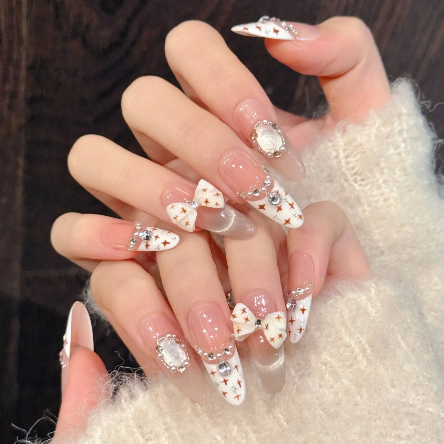 10pcs French Cat's Eye Press-On Nails | 3D Pearl Bow Almond